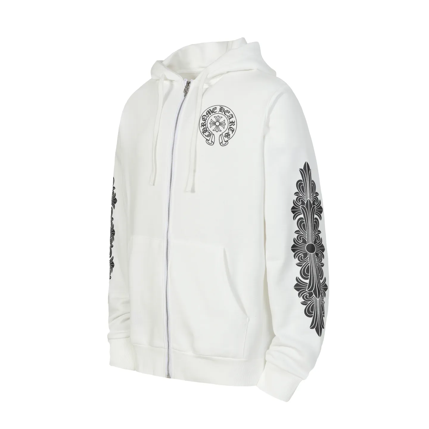 Q8—P230 -Chrome Hearts/Chrome Hearts printed zipper sweatshirt cardigan jacket -420 grams of high-density, high-quality wool, soft, delicate and skin-friendly, soft and silky to the touch, warm and skin-friendly -The hardware zipper accessories are all customized and full of details -Colour: black white -Size: S M L XL